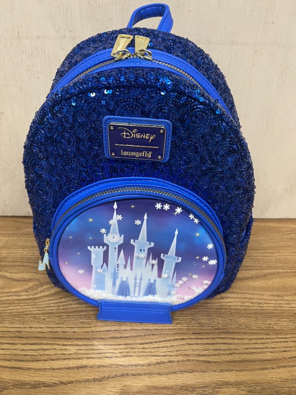 Loungefly x Disney Cinderella Castle Snow Globe Blue Sequin Mini Backpack